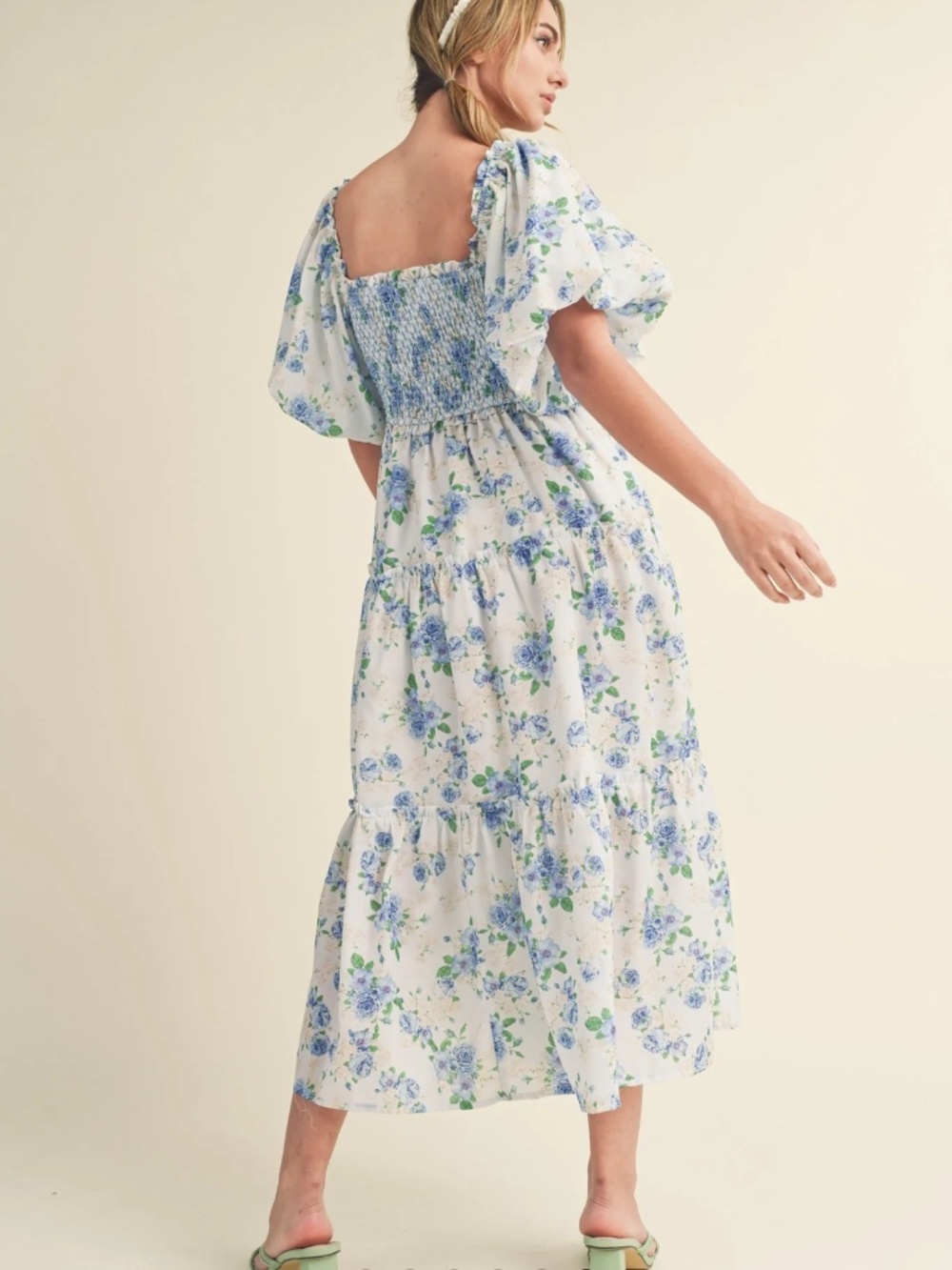&Merci & Merci floral smocked bodice dress primrose midi ruffled Large L - Picture 2 of 7